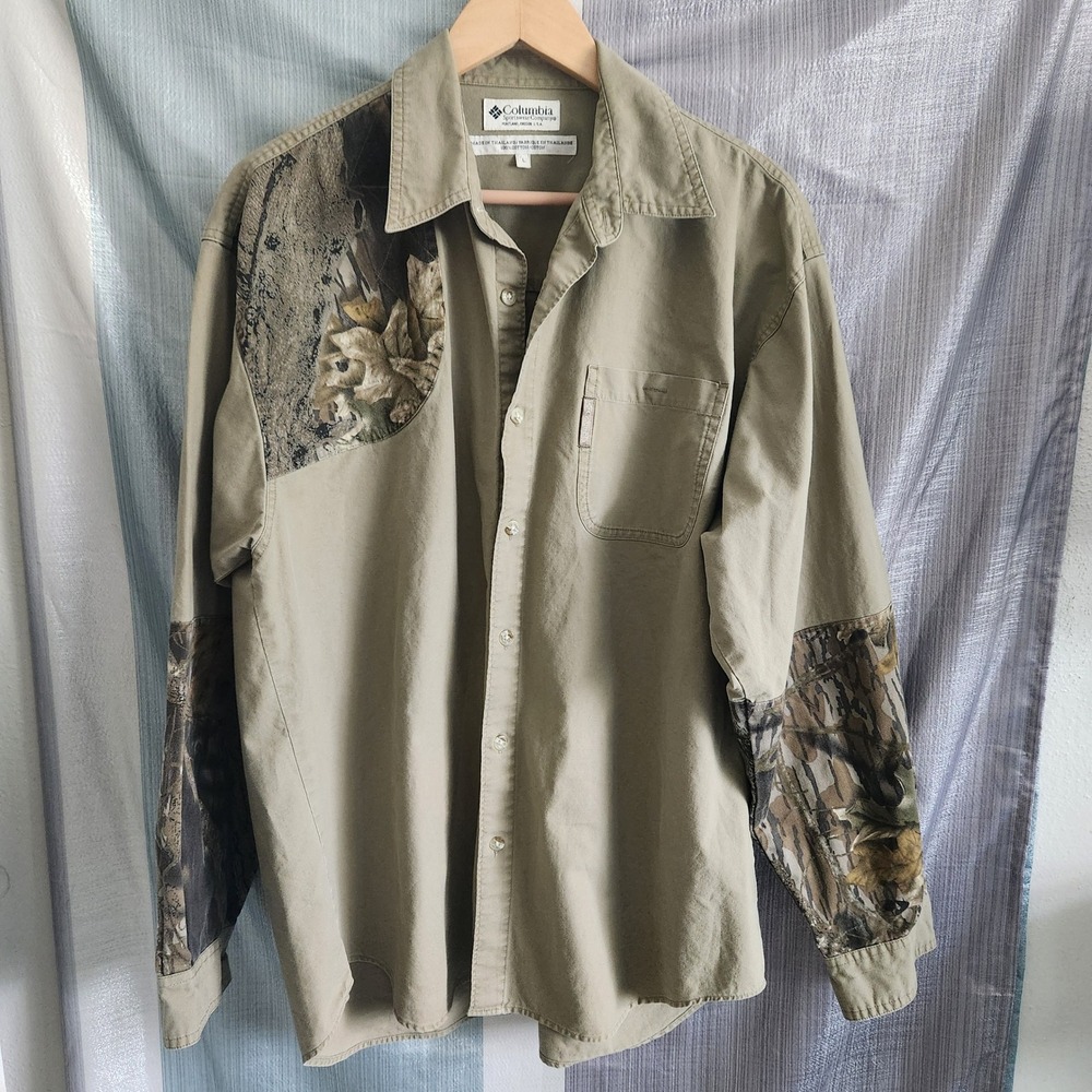 Vtg Columbia Mens Khaki Camo Shooting Hunting Shirt L Gorpcore Workwear Cabin